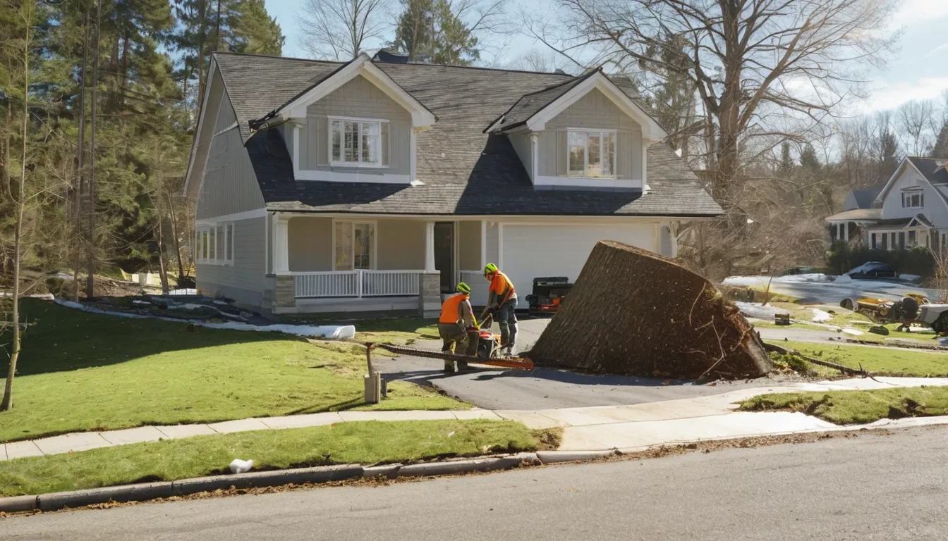Provider crew safely cutting a fallen tree off a driveway near a home in Lakewood