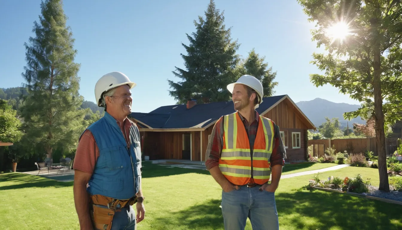 A tree provider in safety gear looking over a large backyard tree with a homeowner in Lakewood